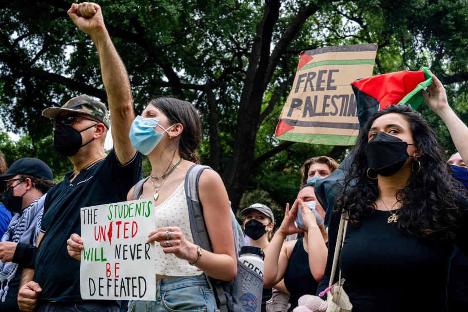 Students rally together during a pro-Palestine protest. (Brandon Bell / Getty Images)