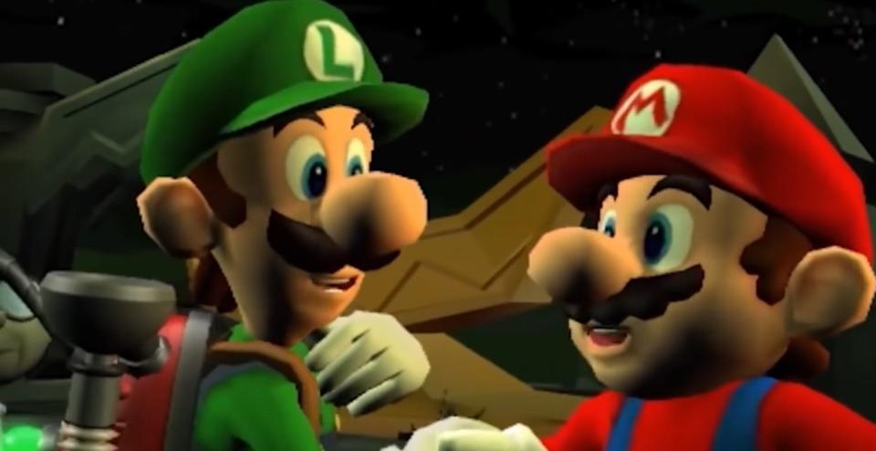 Mario shaking hands with Luigi in "Luigi's Mansion 2: Dark Moon"
