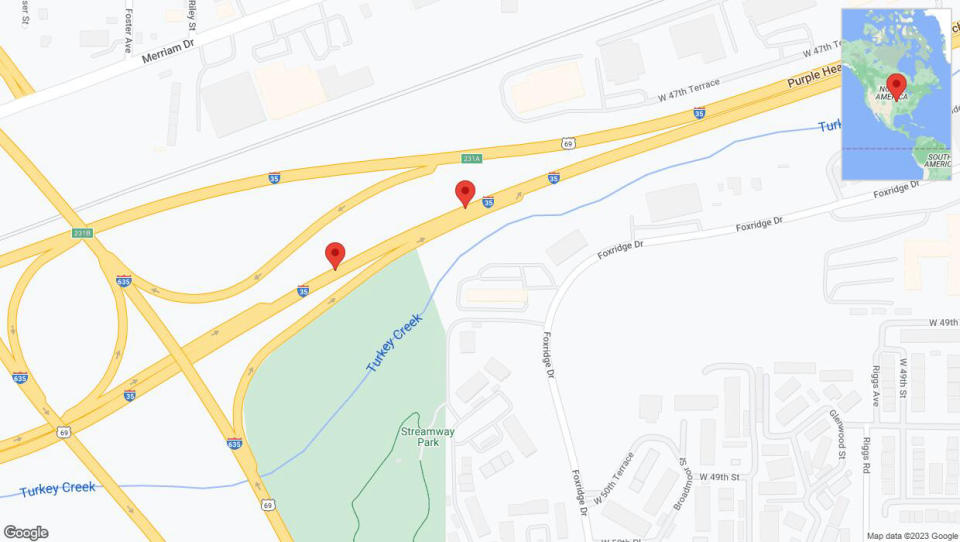 A detailed map that shows the affected road due to 'Broken down vehicle on northbound I-35 in Mission' on October 16th at 7:32 p.m.