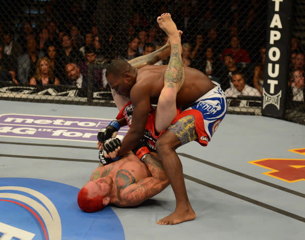 (L-R) Derek Brunson versus Chris Leben during their middleweight fight at UFC 155 on December 29, 2012 at MGM Grand Garden Arena in Las Vegas, Nevada. (Photo by Josh Hedges/Zuffa LLC/Zuffa LLC via Getty Images)