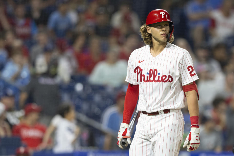 PHILADELPHIA, PA - AUGUST 10: Alec Bohm #28 of the Philadelphia Phillies looks on against the Los Angeles Dodgers at Citizens Bank Park on August 10, 2021 in Philadelphia, Pennsylvania. The Dodgers defeated the Phillies 5-0. (Photo by Mitchell Leff/Getty Images)