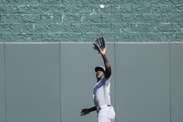 Kansas City Royals' Bobby Witt Jr. at bat against the Minnesota Twins  during the third inning of a baseball game, Sunday, April 2, 2023, in  Kansas City, Mo. (AP Photo/Reed Hoffmann Stock