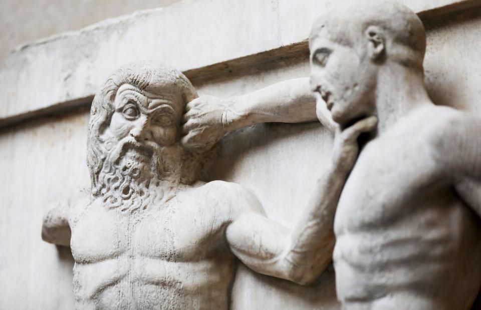 A photo taken on Sept. 7, 2023 shows a metope that forms part of the Parthenon Marbles, a collection of stone objects, inscriptions and sculptures also known as the Elgin Marbles, in the British Museum in London. / Credit: Li Ying/Xinhua/Getty