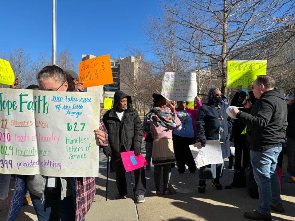 Doug Langner, Executive Director at HopeFaithKC, speaks to protesters across the street from the KC’s City Hall advocating for more resources to be allocated to the houseless community on Feb. 29, 2024. Noelle Alviz-Gransee