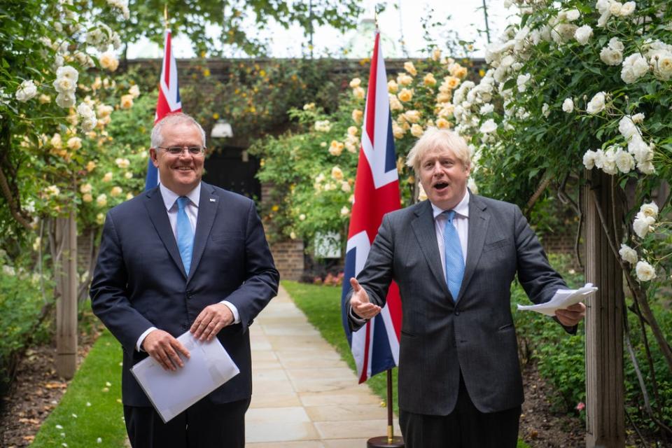 Prime Minister Boris Johnson with Australian Prime Minister Scott Morrison in the garden of 10 Downing Street (Dominic Lipinski/PA) (PA Archive)