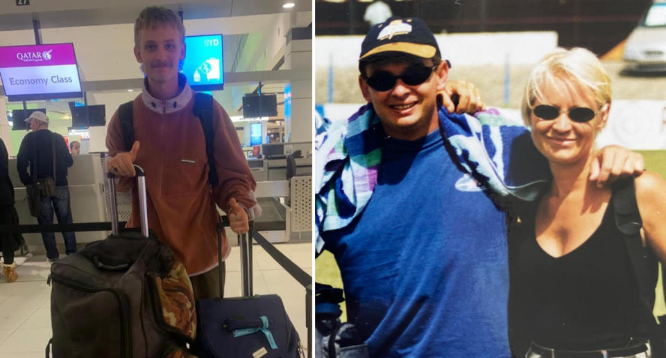 Oscar with his bags at the airport (left) Adam and wife Melita on an overseas holiday (right).