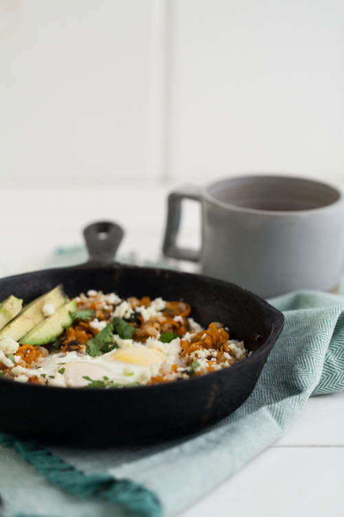 <strong>Get the <a href="http://naturallyella.com/2014/01/20/chipotle-sweet-potato-and-brown-rice-egg-skillet/" target="_blank" rel="noopener noreferrer">Chipotle Sweet Potato and Brown Rice Egg Skillet recipe</a> from Naturally Ella</strong>