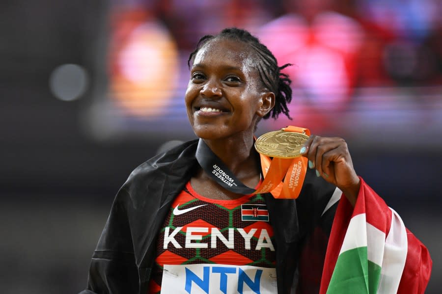 Faith Kipyegon of Team Kenya reacts after winning the Women’s 1500m Final during day four of the World Athletics Championships Budapest 2023 at National Athletics Centre on August 22, 2023 in Budapest, Hungary. (Photo by Hannah Peters/Getty Images)