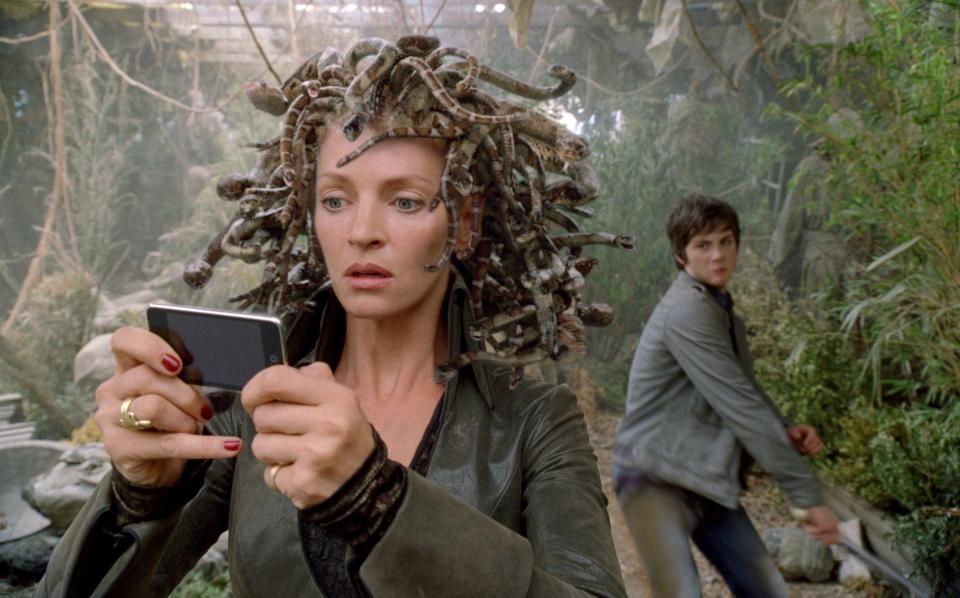 Uma Thurman (as Medusa) and Logan Lerman in 2010 film Percy Jackson and the Lightning Thief