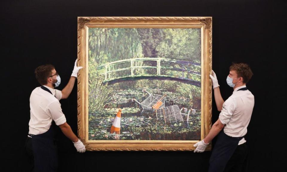 Banksy’s reimagining of Claude Monet’s Impressionist water lilies fetched more than £7.5m at auction at Sotherby’s in London.