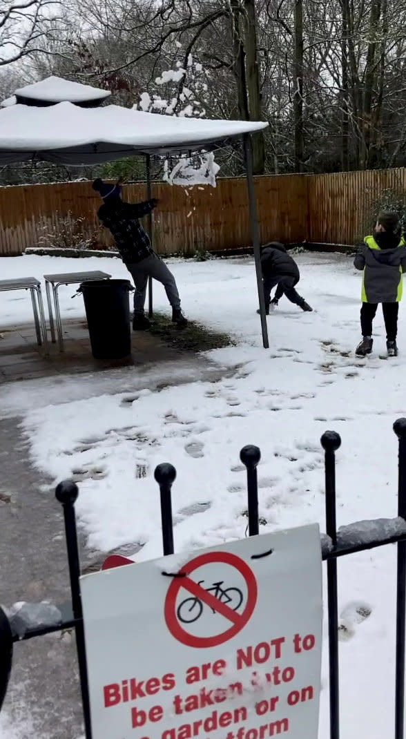 This is the moment a dad tried to cover his kids in snow from the top of his gazebo - only for it to completely collapse on top of him. Daniel Campbell, 34, tried to scrape off a bit of snow that had settled on the roof of the structure onto his kids Kacey, 15, Finley, 10, and Nate, seven, while wife Lucy, 34, filmed. But after failing to give them the shower he desired, his plan backfired and the gazebo collapsed on his head, leaving the whole family in hysterics.