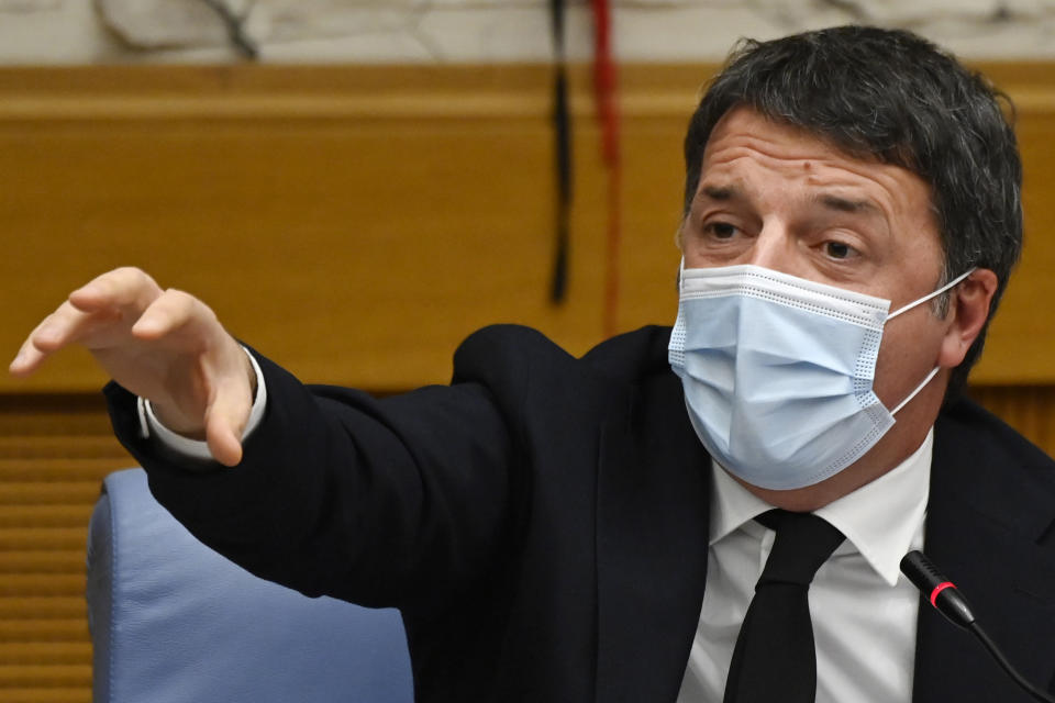 Italian Senator, former premier and head of the political party 'Italia Viva' (IV), Matteo Renzi holds a press conference at the Italian Chamber of Deputies in Rome, Wednesday, Jan. 13, 2021. The Italian cabinet was in crisis on January 13, 2021 following the resignations of ministers Teresa Bellanova and Elena Bonetti, members of former premier Matteo Renzi's Italia Viva party. (Alberto Pizzoli/pool via AP)