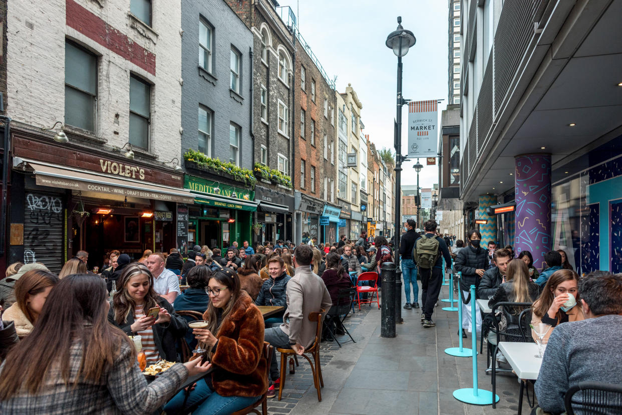 A street in Soho, London, with both sides packed with diners eating out as restaurants re-open after the COVID lockdown measures imposed by the UK government. (Photo by Belinda Jiao / SOPA Images/Sipa USA)