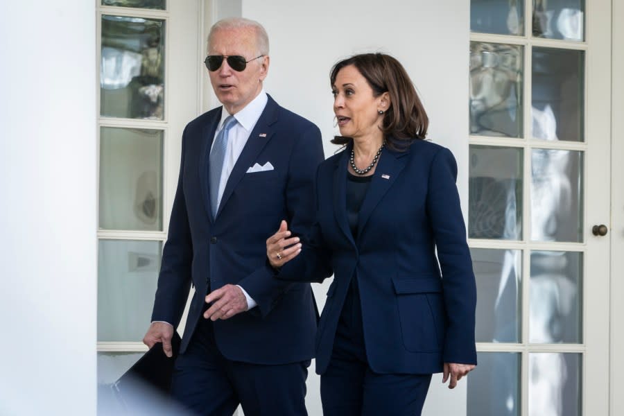 U.S. President Joe Biden and Vice President Kamala Harris walk back to the Oval Office after an event about gun violence in the Rose Garden of the White House on April 11, 2022, in Washington, D.C. (Photo by Drew Angerer/Getty Images)