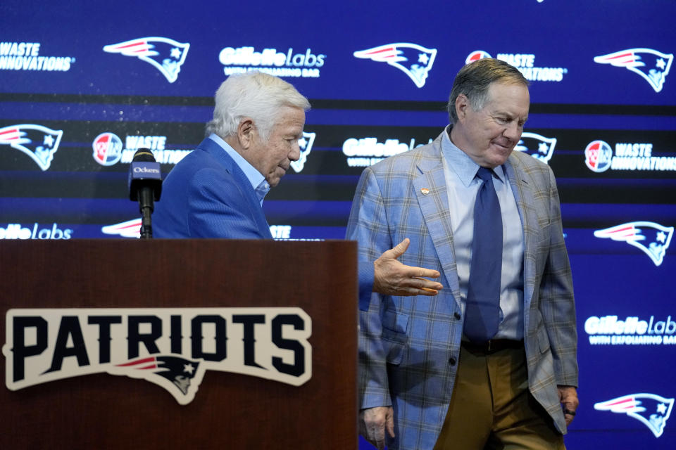 New England Patriots team owner Robert Kraft, left, and former Patriots head coach Bill Belichick step away from a podium following an NFL football news conference, Thursday, Jan. 11, 2024, in Foxborough, Mass., to announce that Belichick, a six-time NFL champion, has agreed to part ways with the team. (AP Photo/Steven Senne)
