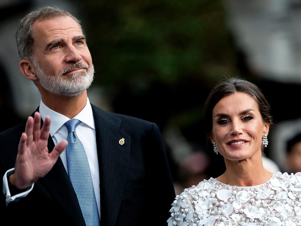 King Felipe VI of Spain and Queen Letizia of Spain arrive at the "Princesa de Asturias" Awards 2022 at Teatro Campoamor on October 28, 2022 in Asturias, Spain.