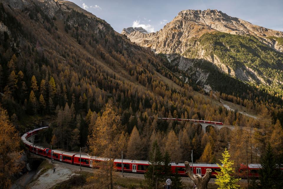 A train of the Rhaetian Railway (RHB) is on its way to set a world record for longest passenger train, on Saturday, October 29, 2022, in Preda, Switzerland.