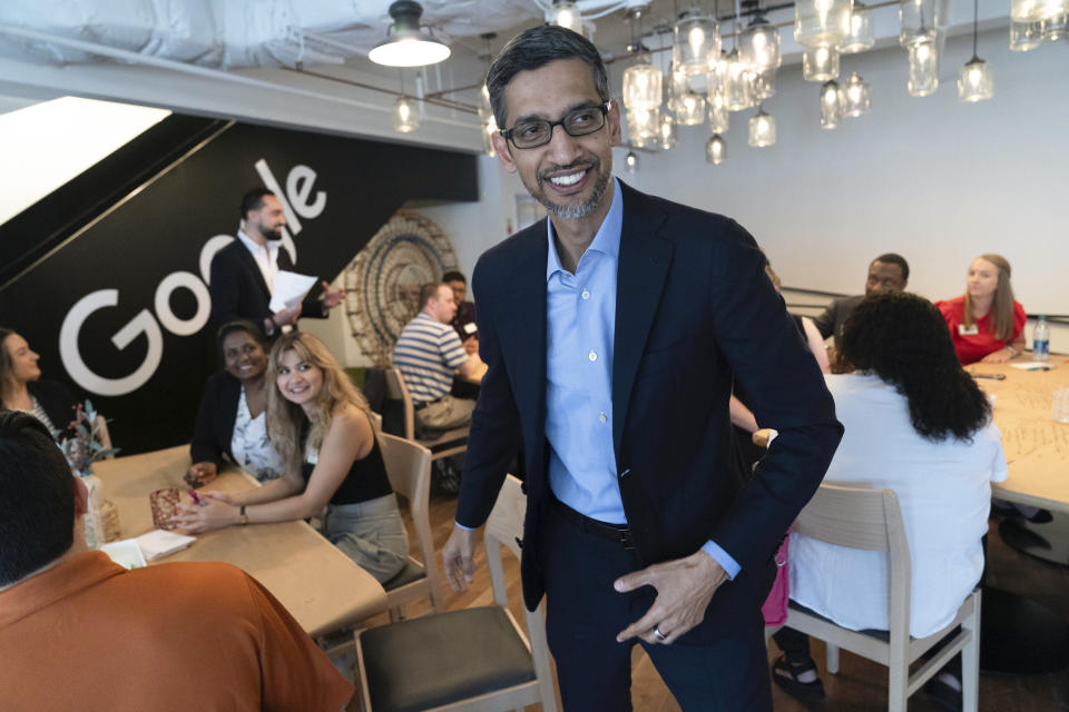Google CEO Sundar Pichai attends a workshop with college students at the Google office in Washington, Thursday, June 22, 2023. (AP Photo/Jose Luis Magana)