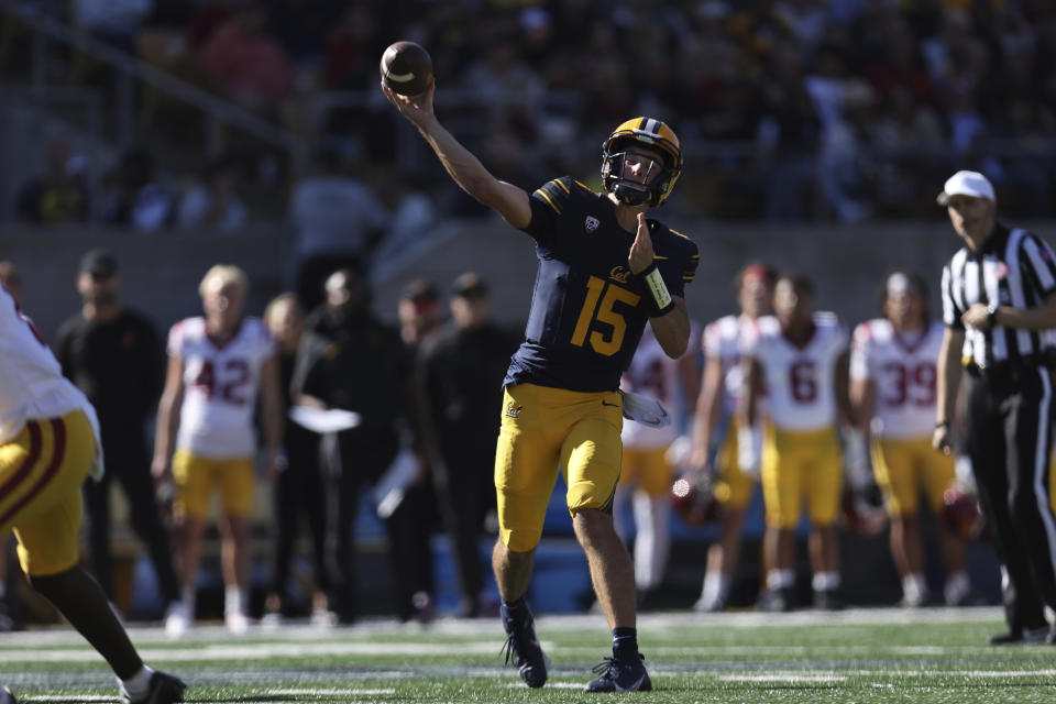 California quarterback Fernando Mendoza (15) passes against Southern California during the first half of an NCAA college football game in Berkeley, Calif., Saturday, Oct. 28, 2023. (AP Photo/Jed Jacobsohn)