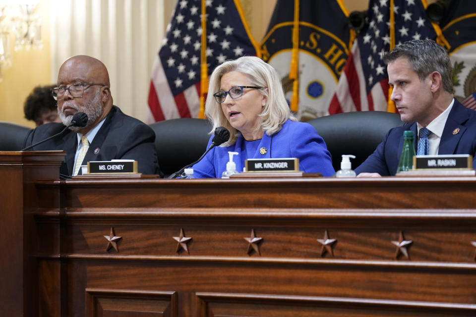 Vice Chair Liz Cheney, R-Wyo., gives her opening remarks as Committee Chairman Rep. Bennie Thompson, D-Miss., left, and Rep. Adam Kinzinger, R-Ill., look on, as the House select committee investigating the Jan. 6 attack on the U.S. Capitol holds its first public hearing to reveal the findings of a year-long investigation, at the Capitol in Washington, Thursday, June 9, 2022. (AP Photo/J. Scott Applewhite)