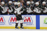 Arizona Coyotes forward Andrew Ladd (16) celebrates his goal during the first period of an NHL hockey game against the Buffalo Sabres, Saturday, Oct. 16, 2021, in Buffalo, N.Y. (AP Photo/Jeffrey T. Barnes)