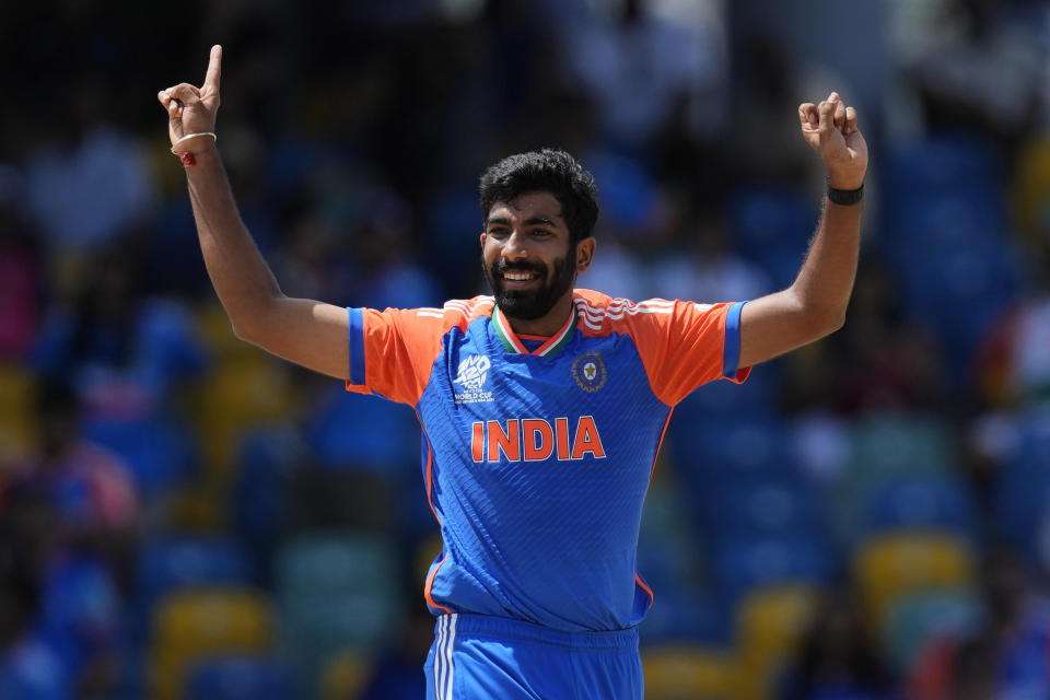 India's Jasprit Bumrah celebrates the dismissal of Afghanistan's Najibullah Zadran during the ICC Men's T20 World Cup cricket match between Afghanistan and India at Kensington Oval in Bridgetown, Barbados, Thursday, June 20, 2024. (AP Photo/Ricardo Mazalan)