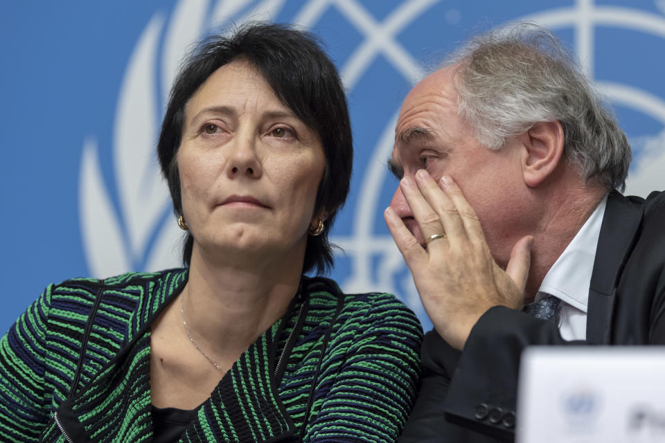 Elena Manaenkova, left, WMO Deputy Secretary-General and Pavel Kabat, right, WMO Chief Scientist and Research Director, speak talk during a press conference about the release of WMO Greenhouse Gas Bulletin with details on annual average concentration of carbon dioxide and other greenhouse gases, at the European headquarters of the United Nations in Geneva, Switzerland, Thursday, Nov. 22, 2018. (Martial Trezzini/Keystone via AP)