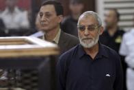 Muslim Brotherhood's Supreme Guide Mohamed Badie (R) looks on during his trial at a court in Cairo, in a file photo. REUTERS/Al Youm Al Saabi Newspaper
