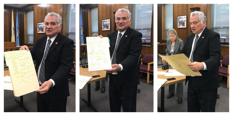 Ocean County Freeholder Director Joseph H. Vicari shows off stacks of notes he has taken from daily teleconferences with Gov. Phil Murphy's staff about the COVID-19 pandemic; pictured here on Wednesday, May 6, 2020, at the county administration building in downtown Toms River.
