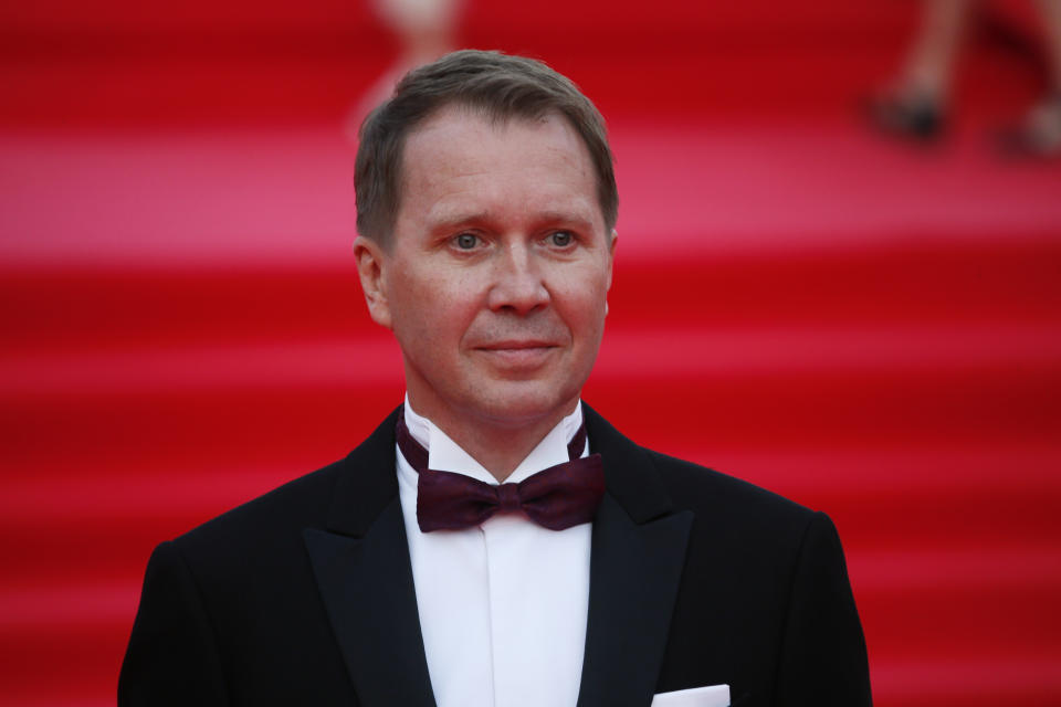 Russian actor Yevgeny Mironov poses during the opening ceremony of the 44th Moscow International Film Festival in Moscow, Russia, Friday, Aug. 26, 2022. (AP Photo)