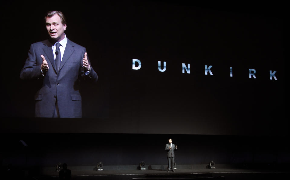 Christopher Nolan, director of the upcoming film "Dunkirk," discusses the film onstage during the Warner Bros. Pictures presentation at CinemaCon 2017 at Caesars Palace on Wednesday, March 29, 2017, in Las Vegas. (Photo by Chris Pizzello/Invision/AP)