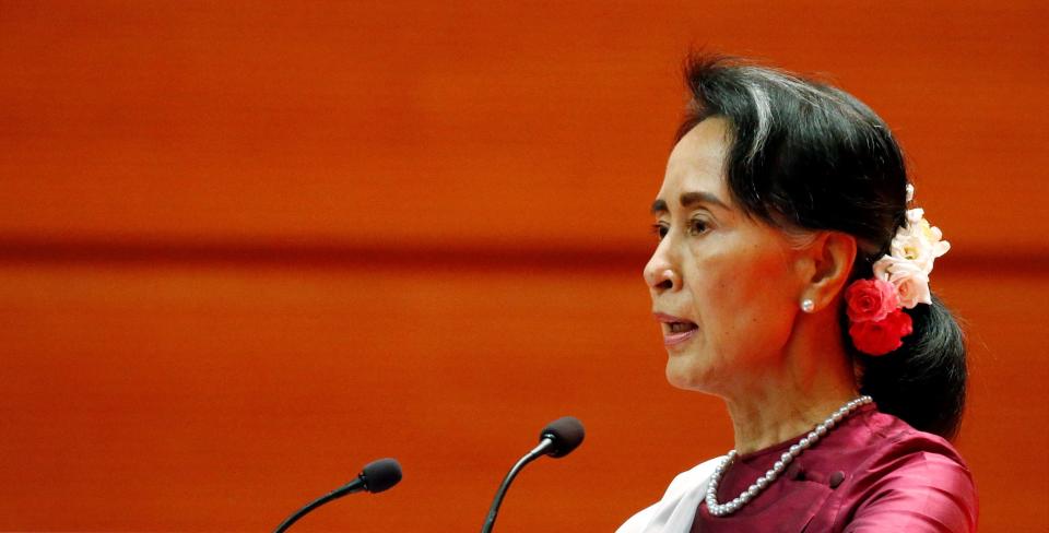 Myanmar State Counselor Aung San Suu Kyi delivers a speech in Naypyitaw, Myanmar. on Sept. 19. (Photo: Soe Zeya Tun/Reuters)
