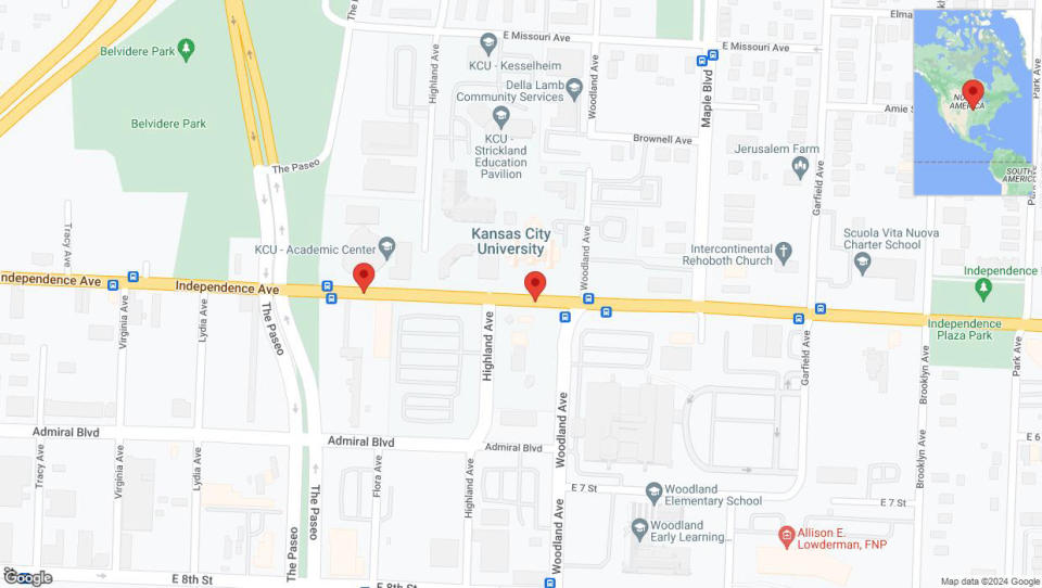 A detailed map that shows the affected road due to 'Independence Avenue/US-24 temporarily closed in Kansas City' on May 30th at 7:34 p.m.