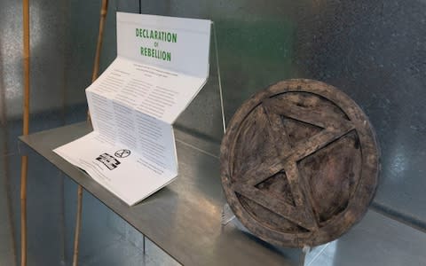 Extinction Rebellion's first print 'Declaration of Rebellion' from 2018 on display at the museum - Credit: Peter Kelleher/V&amp;A/PA