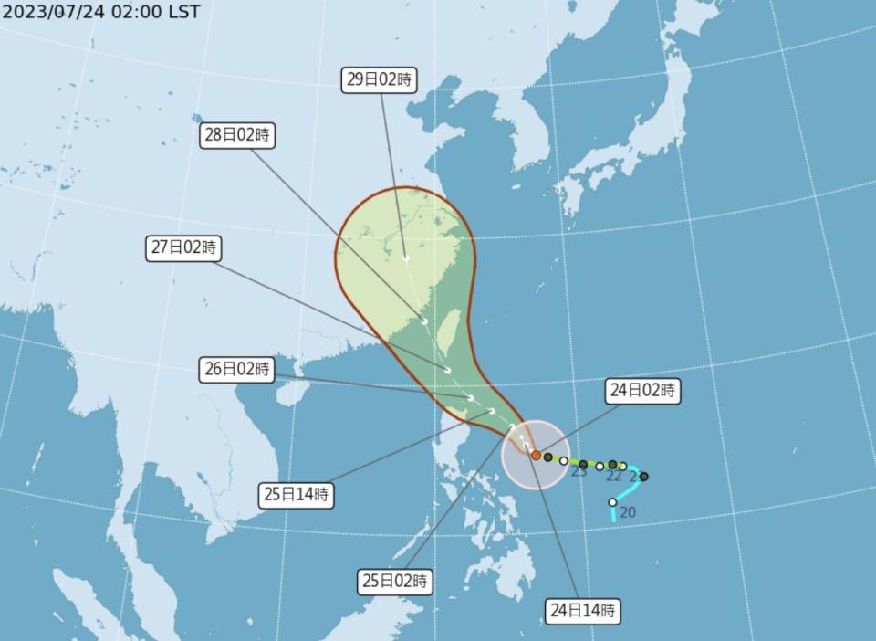 預估26日至28日上半天，是颱風杜蘇芮影響台灣最大的時候。（圖／中央社）