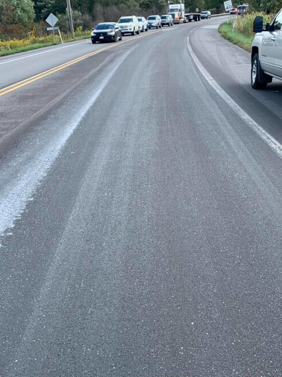 Hope Fire Company, PennDOT and the Philipsburg Borough all responded Monday morning to an incident involving a tractor trailer that spilled an estimated several dozen gallons of heavy coffee creamer on to Route 322, making for “extremely slippery” conditions.