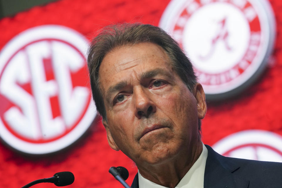 FILE - Alabama head coach Nick Saban speaks during NCAA college football Southeastern Conference Media Days Tuesday, July 19, 2022, in Atlanta. The SEC contingent, which includes Commissioner Sankey, administrators and Alabama coach Nick Saban, will meet this week with lawmakers in Washington and ask for federal assistance in regulating how college athletes can generate NIL income.(AP Photo/John Bazemore, File)