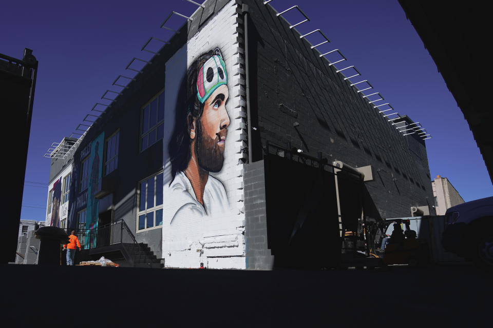 A mural of Philadelphia Phillies designated hitter Bryce Harper, by Joseph Dougherty, is seen in Philadelphia, Thursday, Oct. 27, 2022. Game 1 of baseball's World Series between the Phillies and Houston Astros is Friday in Houston. (AP Photo/Matt Rourke)