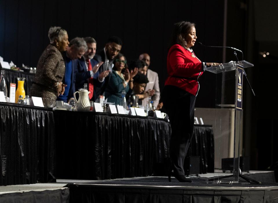 Keynote Speaker Donzaleigh Abernathy speaks during the Martin Luther King Jr. Birthday Breakfast on Monday at the Greater Columbus Convention Center. Abernathy is the youngest daughter of the American Civil Rights movement founder the Rev. Ralph David and Juanita Jones Abernathy.