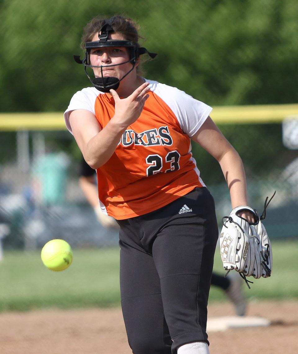 Marlington pitcher Sofia Nase throws to a Field batter during their Division II district final at Hubbard High School Thursday, May 19, 2022.