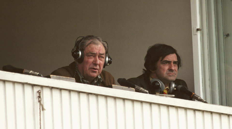 NOTTINGHAM , UNITED KINGDOM - JUNE 14:    BBC Test Match special commentator John Arlott (l) with summariser Fred Trueman look on from the commentary box during a 1979 Cricket World Cup match at Trent Bridge, Nottingham, England.  (Photo by Allsport/Getty Images)