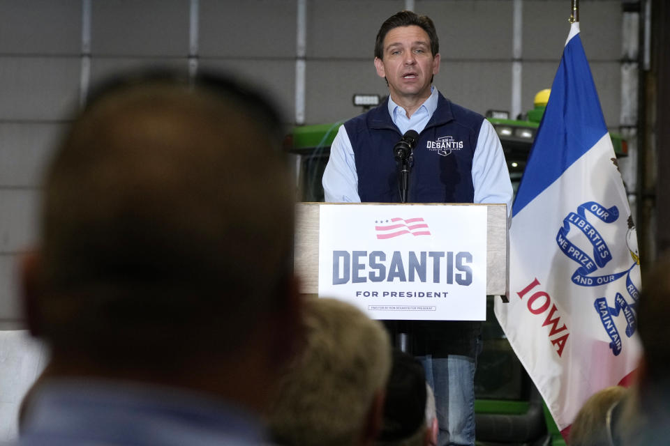 Republican presidential candidate Florida Gov. Ron DeSantis speaks during a campaign event at Port Neal Welding, Wednesday, May 31, 2023, in Salix, Iowa. (AP Photo/Charlie Neibergall)