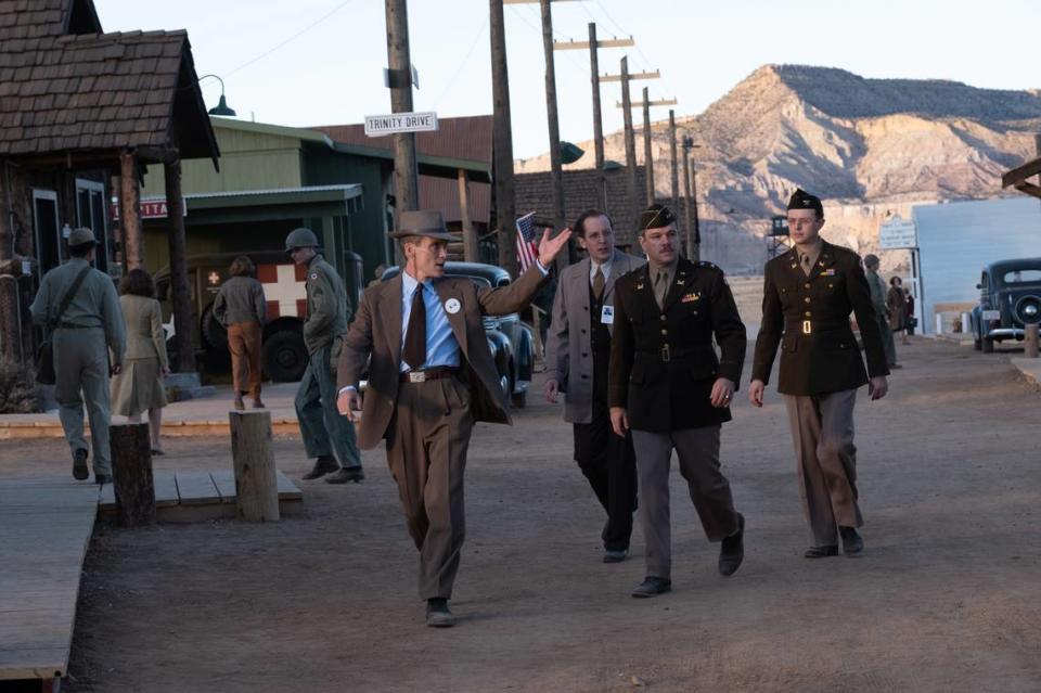 Cillian Murphy is J. Robert Oppenheimer, left, Olli Haaskivi is Edward Condon, Matt Damon is Leslie Grove and Dane Dehaan is Kenneth Nichols in the movie “Oppenheimer.”