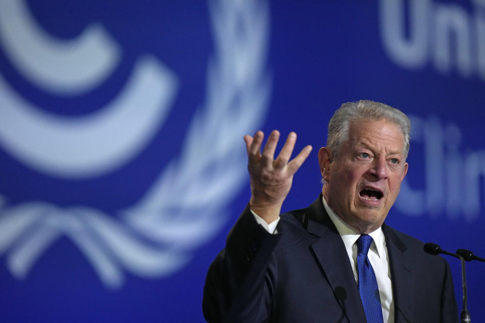 Al Gore, former Vice President of the United States speaks at the COP26 U.N. Climate Summit in Glasgow, Scotland, Friday, Nov. 5, 2021. The U.N. climate summit in Glasgow gathers leaders from around the world, in Scotland's biggest city, to lay out their vision for addressing the common challenge of global warming. (AP Photo/Alastair Grant)