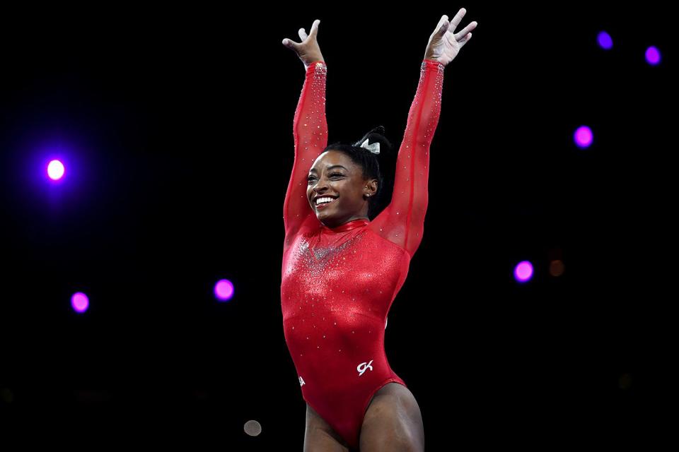 <p>Laurence Griffiths/Getty Images</p> Simone Biles of USA competes on Vault during the Apparatus Finals on Day 9 of the FIG Artistic Gymnastics World Championships