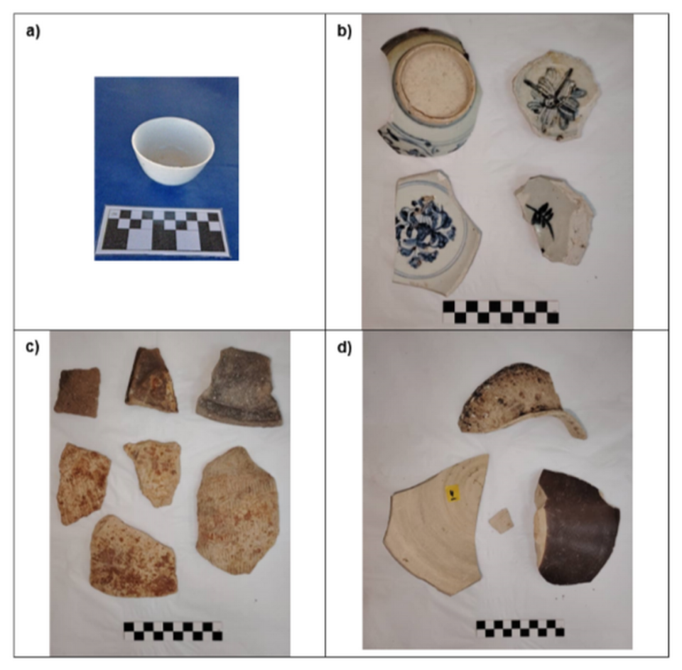 An intact porcelain bowl (a), fragments of Chinese porcelain (b) and stoneware fragments (c and d) discovered at the archaeological site