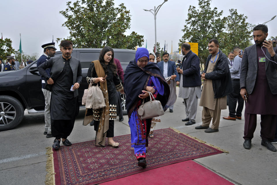 Pakistan's newly elected lawmakers arrive to attend the opening session of parliament, in Islamabad, Pakistan, Thursday, Feb. 29, 2024. Pakistan's National Assembly swore in newly elected members on Thursday in a chaotic scene, as allies of jailed former Premier Khan protested what they claim was a rigged election. (AP Photo/Anjum Naveed)