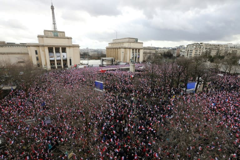 Tens of thousands of flag-waving supporters turned up to hear Francois Fillon during a rally at the Place du Trocadero in Paris, on March 5, 2017