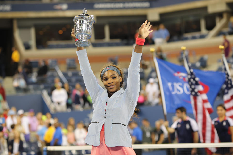 Serena Williams, USA, with her trophy after winning the Women's Singles Final at the US Open, Flushing. New York, USA. 8th September 2013. (Photo by Tim Clayton/Corbis via Getty Images)