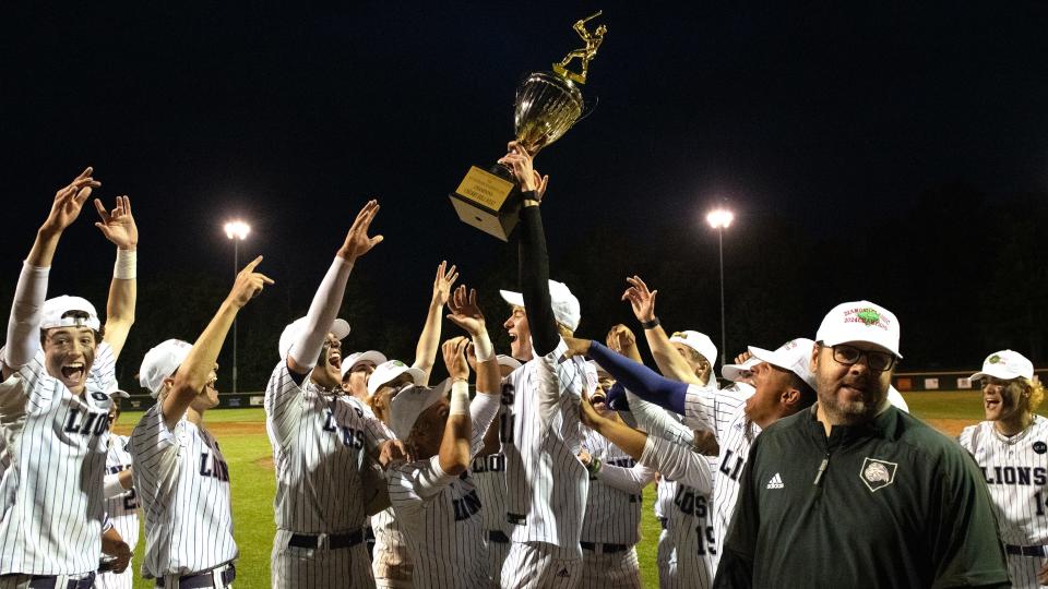 Members of the Cherry Hill West baseball team celebrate after Cherry Hill West defeated Delsea, 3-1, in the Diamond Classic Final baseball game played at Alcyon Lake Park in Pitman on Thursday, May 16, 2024.